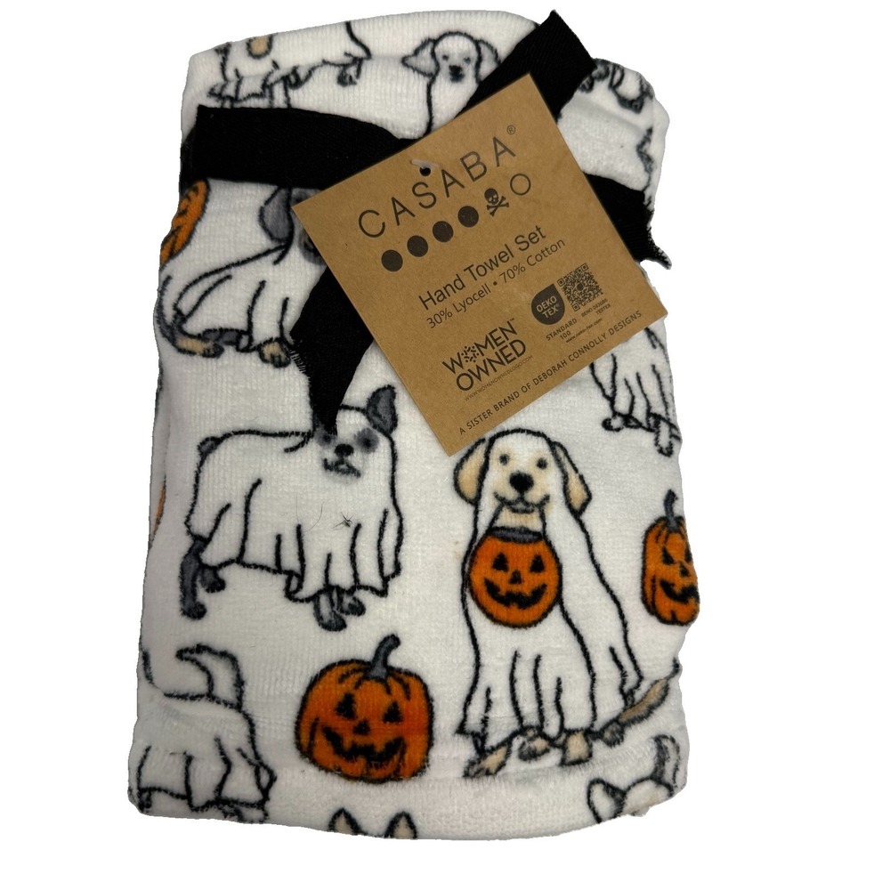 NWT Casaba Halloween Ghost Dogs Hand Towel 2pc Dog Dachshund Retriever Towels
